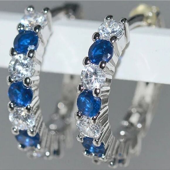 Beautiful Blue and White 2.20 Ct. Sapphire Hoop Earrings 14K White Gold on 925 - Picture 4 of 8
